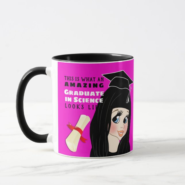 Caricature GRADUATE Gift  Female Black Hair Blue Mug (Left)