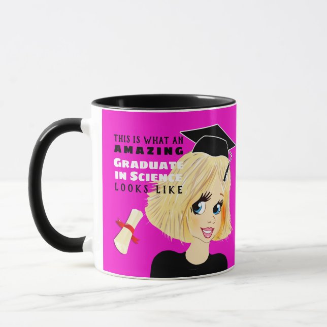 Caricature GRADUATE Gift  Female Blonde Bob Hair Mug (Left)