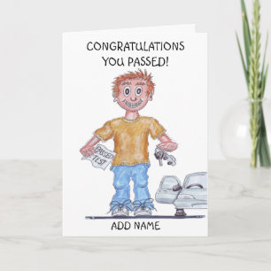 Caricature of a happy man just passed driving test card