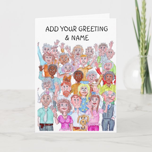 Caricatures of people waving goodbye card (Front)