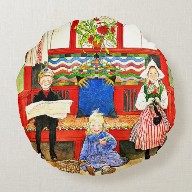 Carl Larsson - Papa, Mama, Child, fine art Round Cushion (Back)