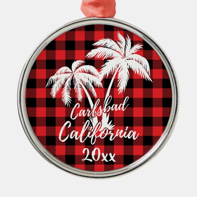 Carlsbad California Beach Palm Tree Red Plaid Metal Ornament (Front)