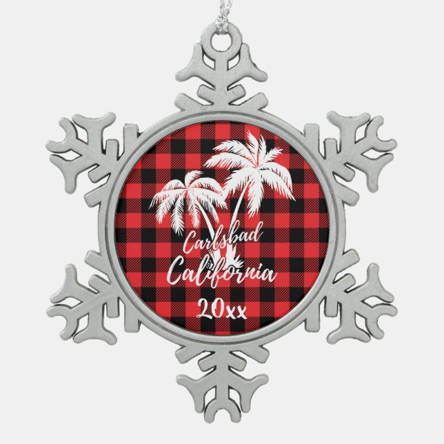 Carlsbad California Beach Palm Tree Red Plaid Snowflake Pewter Christmas Ornament (Front)