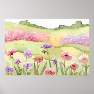 Carlsbad Flower field sunset Painting watercolor Poster