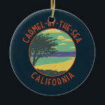 Carmel-by-the-Sea California Retro Distressed Ceramic Ornament<br><div class="desc">Carmel-by-the-Sea in a vector art style. Carmel-by-the-Sea is a small beach city on California's Monterey Peninsula. It's known for the museums and library of the historic Carmel Mission.</div>