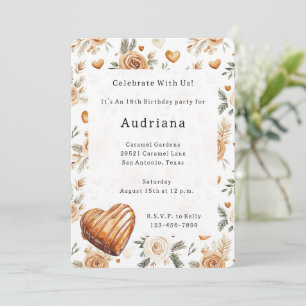 Carmel Cream Hearts Floral Caramel Birthday  Invitation