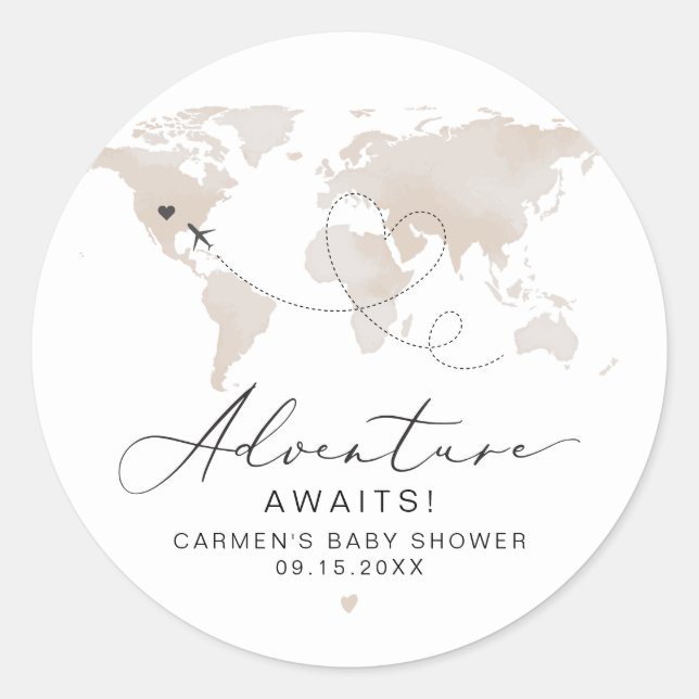 CARMEN Beige Map Adventure Baby Shower Classic Round Sticker (Front)
