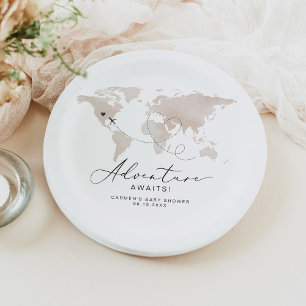 CARMEN Beige Map Adventure Baby Shower Paper Plate
