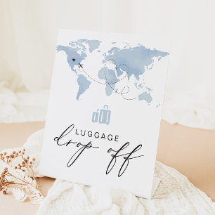 CARMEN Blue Travel Themed Luggage Drop Off Pedestal Sign