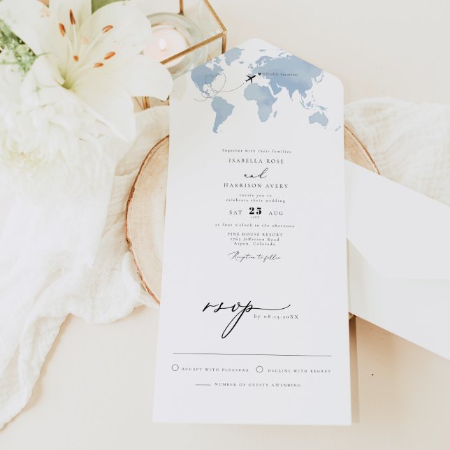 CARMEN Dusty Blue Map Travel Destination Wedding A All In One Invitation (Creator Uploaded)