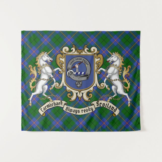 Carmichael Clan Badge & Unicorns w/Tartan   Tapestry (Front (Horizontal))
