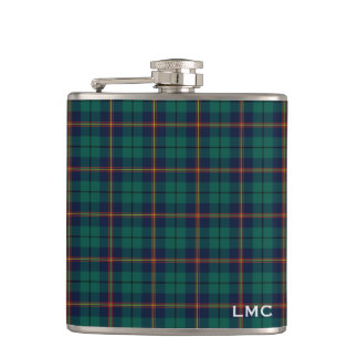 Carmichael Tartan Dark Green Plaid Monogram Hip Flask