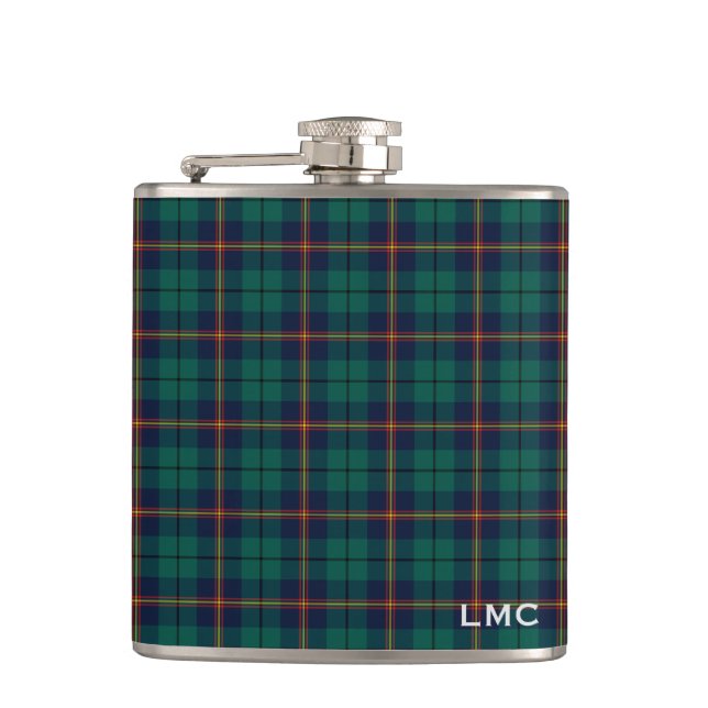 Carmichael Tartan Dark Green Plaid Monogram Hip Flask (Front)