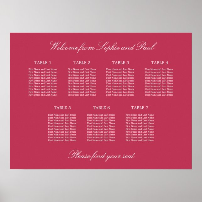 Carmine Magenta 7 Table Seating Chart Poster (Front)