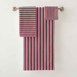 Carmine Pink, Charcoal and Flamingo Pink Stripes Bath Towel Set
