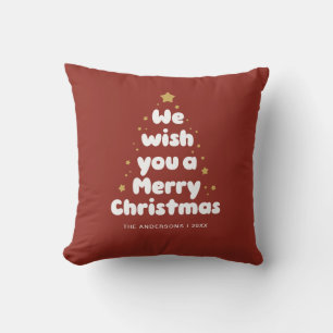 Carmine Red Merry Christmas Tree Typography Cushion