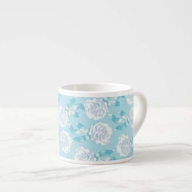 Carnation aqua blue pattern coffee espresso mug (Front Right)
