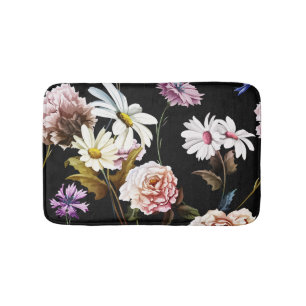 Carnation, chamomile flowers, black pattern. bath mat