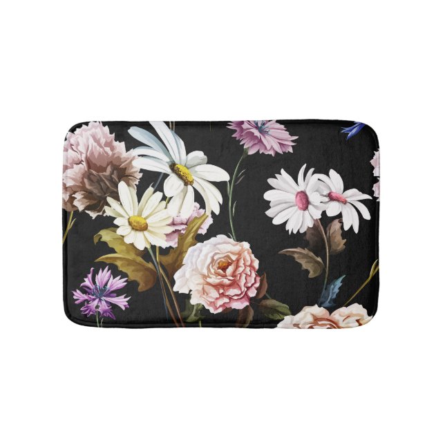 Carnation, chamomile flowers, black pattern. bath mat (Front)