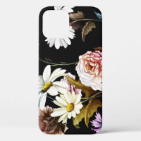 Carnation, chamomile flowers, black pattern.