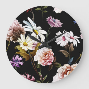 Carnation, chamomile flowers, black pattern. large clock