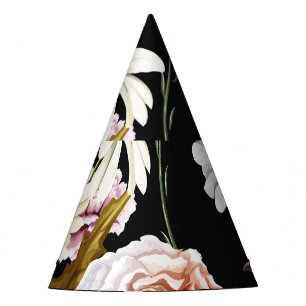 Carnation, chamomile flowers, black pattern. party hat