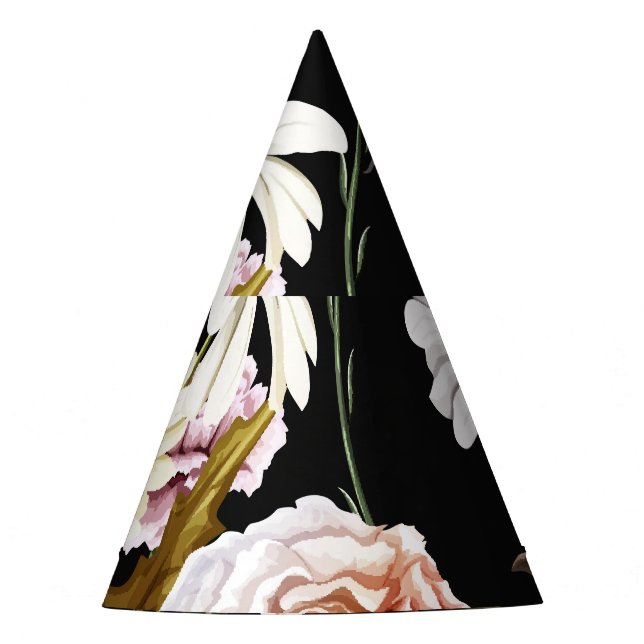 Carnation, chamomile flowers, black pattern. party hat (Front)