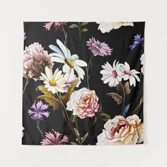 Carnation, chamomile flowers, black pattern. tapestry (Front)