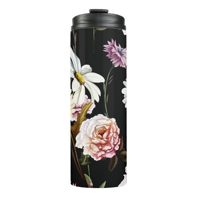 Carnation, chamomile flowers, black pattern. thermal tumbler (Front)