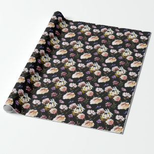 Carnation, chamomile flowers, black pattern. wrapping paper