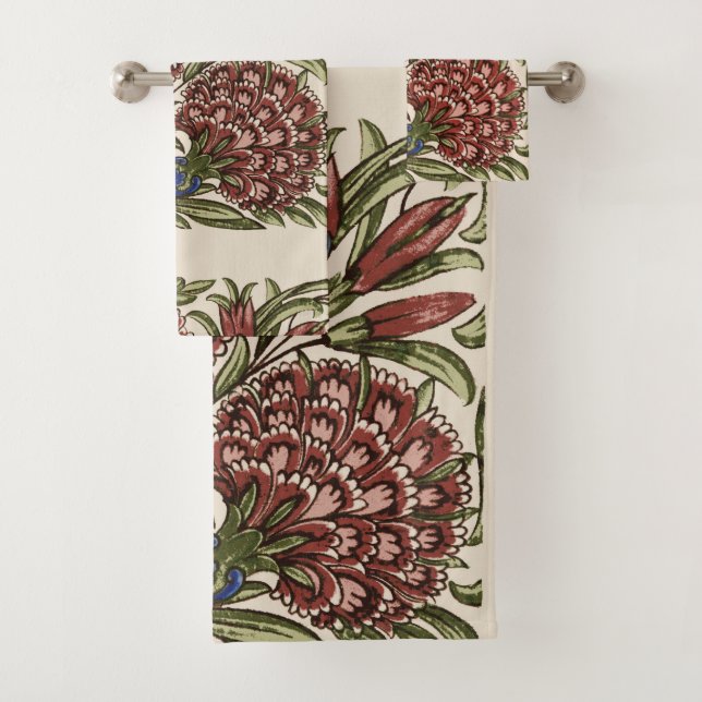 Carnation Flower Tile Antique Rustic Art Bath Towel Set (Insitu)