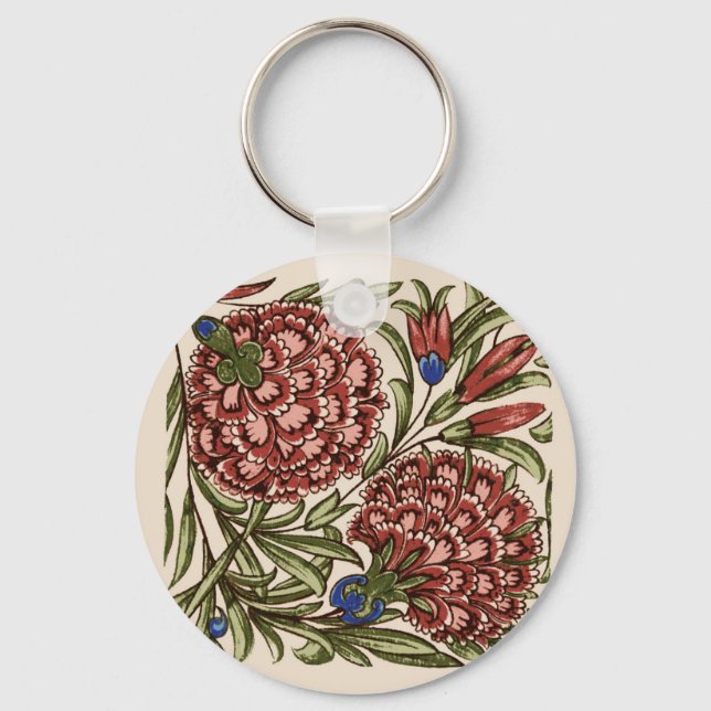 Carnation Flower Tile Antique Rustic Art Key Ring (Front)