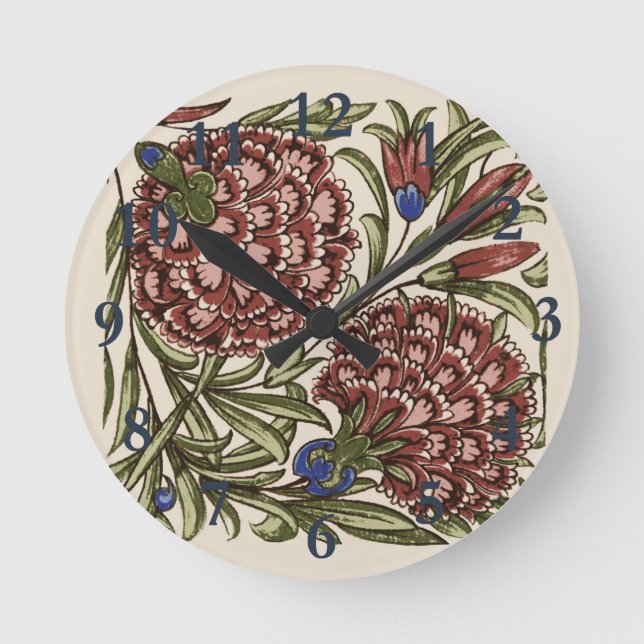 Carnation Flower Tile Antique Rustic De Morgan Art Round Clock (Front)