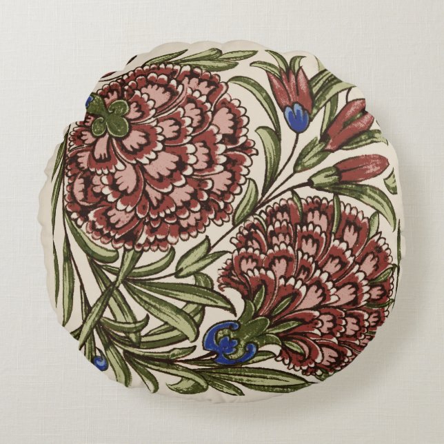 Carnation Flower Tile Antique Rustic De Morgan Art Round Cushion (Front)