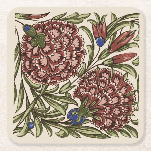 Carnation Flower Tile Antique Rustic De Morgan Art Square Paper Coaster (Front)