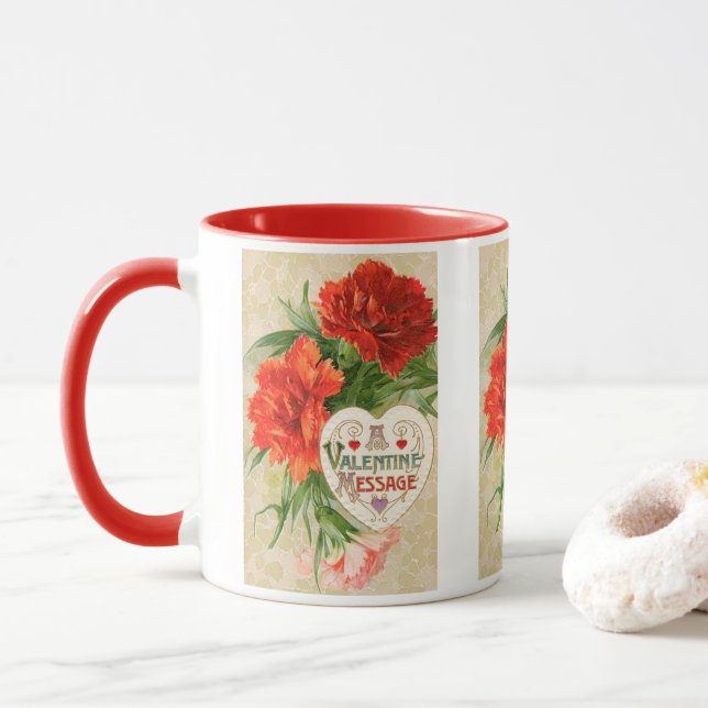 Carnation Flowers, Vintage Valentine's Day Message Mug (With Donut)