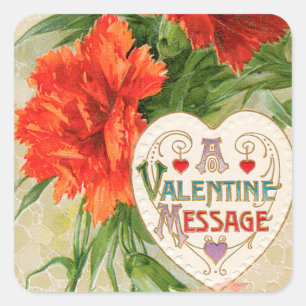Carnation Flowers, Vintage Valentine's Day Message Square Sticker