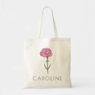 Carnation January Birth Flower Custom Name Tote Bag