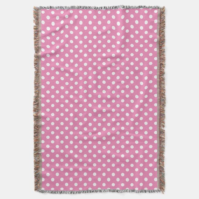 Carnation Pink and White Polka Dot Pattern Throw Blanket (Front Vertical)