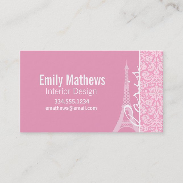 Carnation Pink Damask Pattern Business Card (Front)