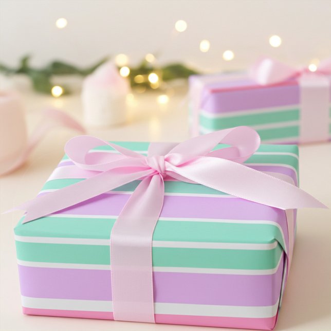 Carnation Pink, Mauve and Robin Egg Blue Stripes Wrapping Paper (Creator Uploaded)