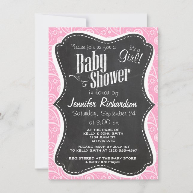 Carnation Pink Paisley; Vintage Chalkboard look Invitation (Front)