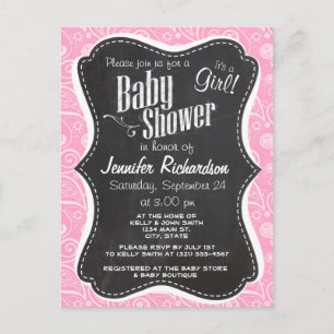Carnation Pink Paisley; Vintage Chalkboard look Invitation Postcard