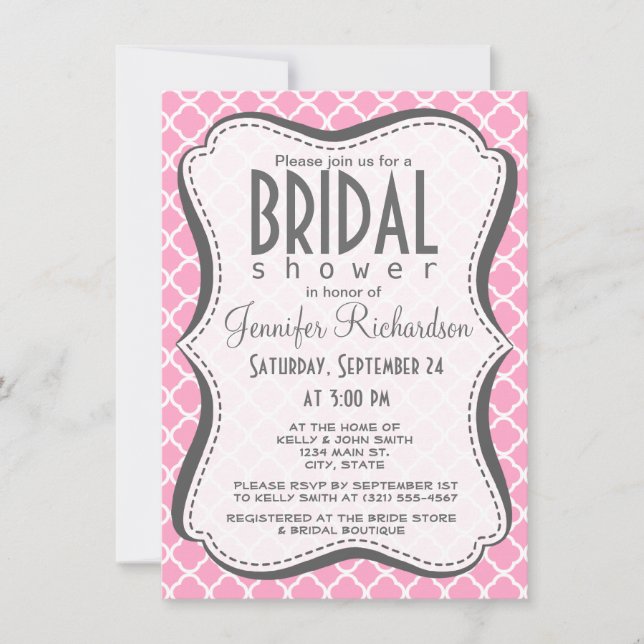 Carnation Pink Quatrefoil Invitation (Front)