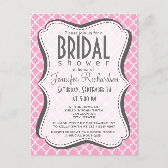 Carnation Pink Quatrefoil Invitation Postcard (Front)
