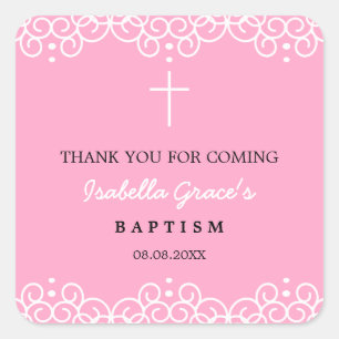 Carnation Pink & White   Baptism Thank You Square Sticker
