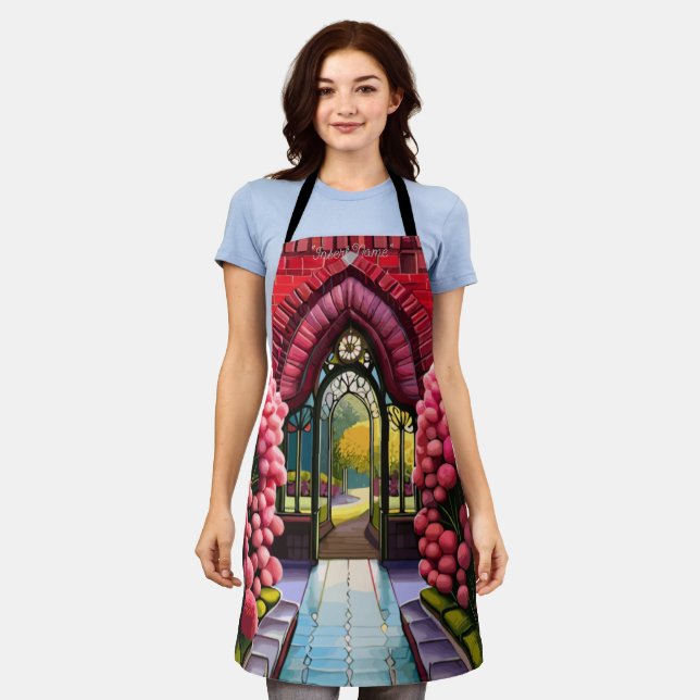 Carnations Adorn Gate: Welcome to Secret Garden Apron (Worn)
