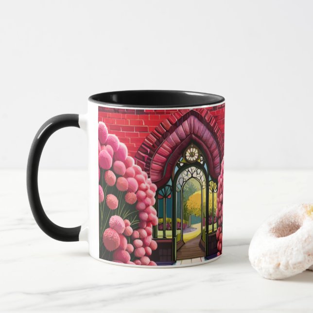 Carnations Adorn Gate: Welcome to Secret Garden Mug (With Donut)