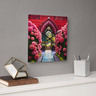 Carnations Adorn Gate: Welcome to Secret Garden Square Wall Clock