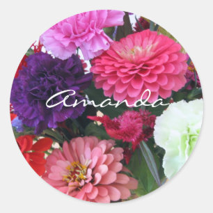 Carnations and zinnia flowers classic round sticker
